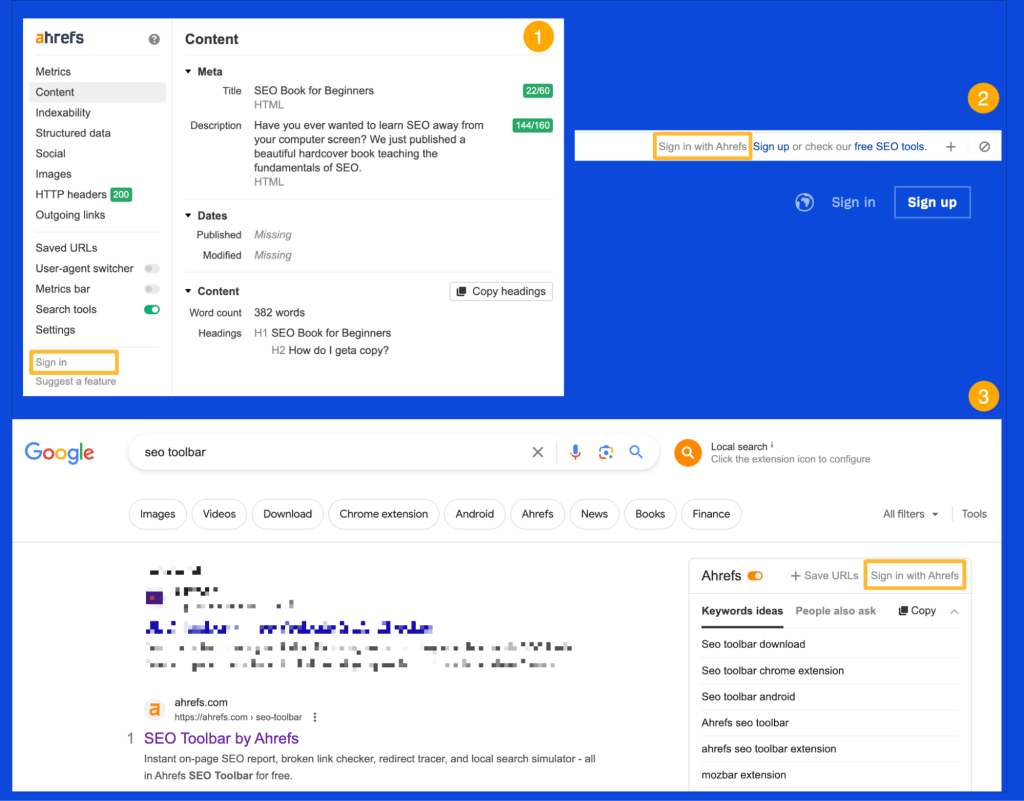 Ahrefs SEO Toolbar のアカウント連携画面
