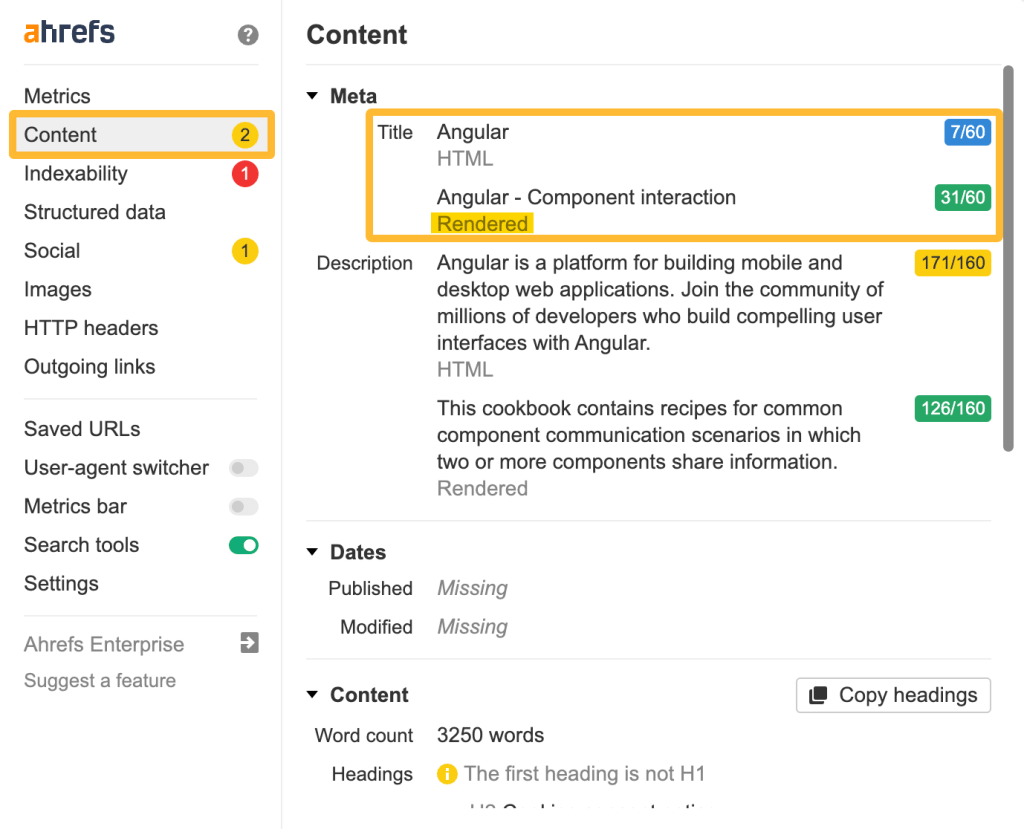 Ahrefs SEO Toolbar の [コンテンツ] タブ画面
