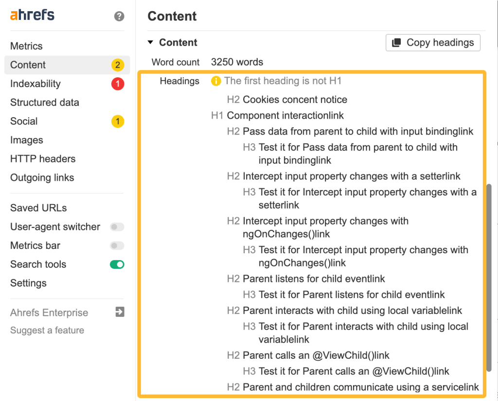 Ahrefs SEO Toolbar のサブヘッダー表示画面
