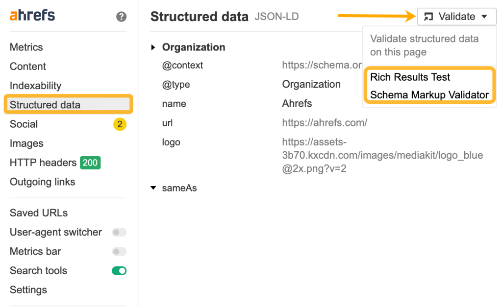Ahrefs SEO Toolbar の [構造データ] タブ画面
