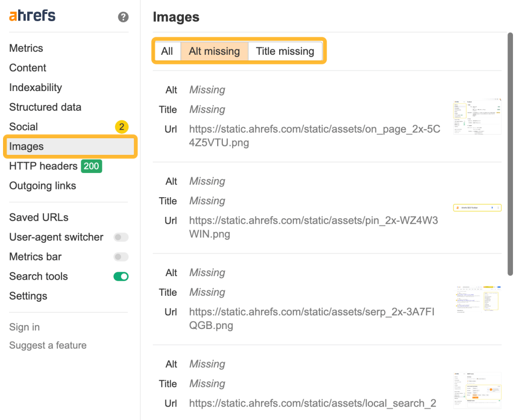 Ahrefs SEO Toolbar の [画像] タブ画面
