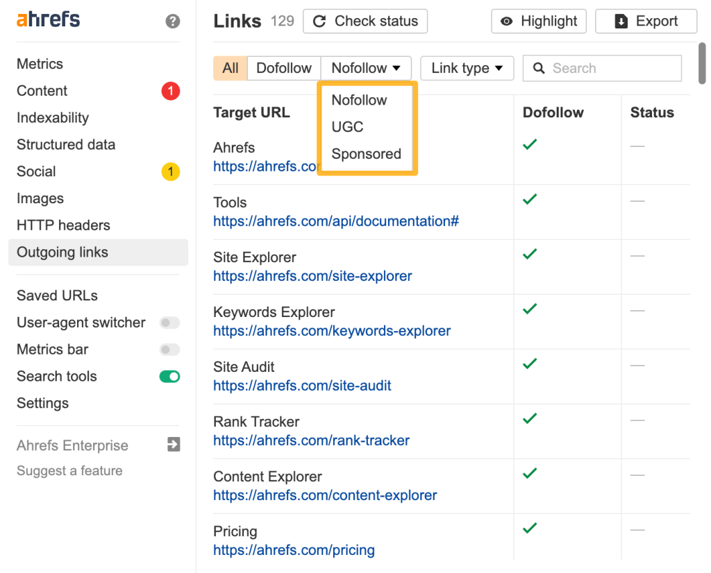 "Ahrefs SEO Toolbar の [リンク] タブ画面。ページ上で見つかったすべての発信リンクがリストされ、フォロー、ノーフォロー、UGC、スポンサー付き、内部リンク、外部リンクの種類が表示されている様子。
"
