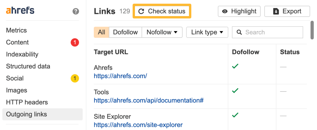 Ahrefs SEO Toolbar のリンクチェック画面。「ステータスを確認」ボタンをクリックして、ページ内のリンクにリンク切れやリダイレクトがないか確認する様子。

