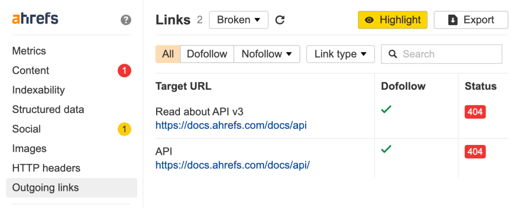 Ahrefs SEO Toolbar のリンクハイライト画面。「ハイライト」ボタンをクリックして、ページ上の壊れたリンクを正確に特定する様子。
