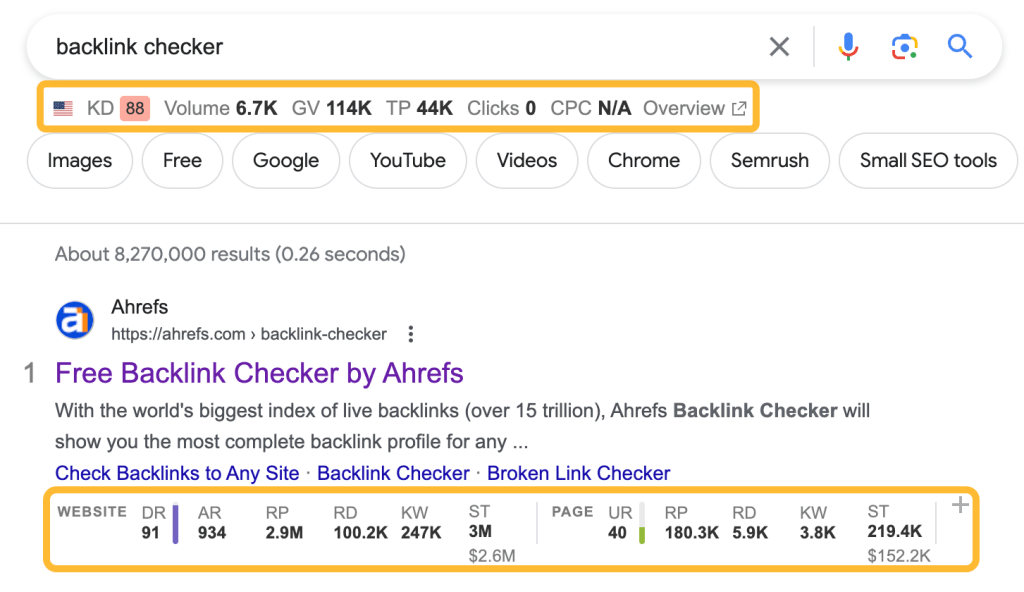 "Ahrefs SEO Toolbar の [検索ツール] タブ画面。[結果指標] を有効にすると、すべてのオーガニック検索結果の SEO 指標が SERP 上に直接表示される様子。
"
