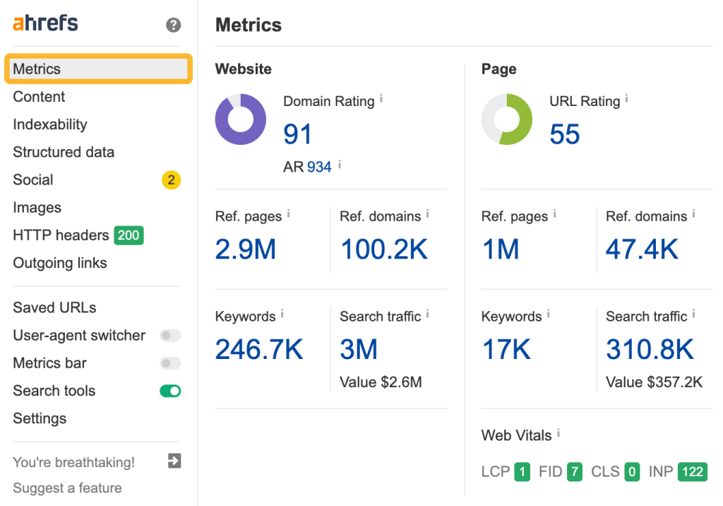 Ahrefs SEO Toolbar のメインウィンドウ内 [指標] タブ画面
