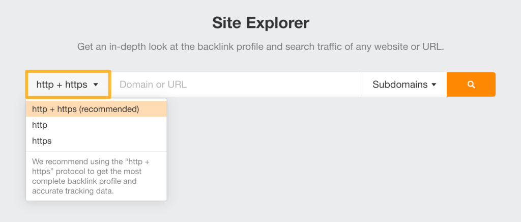 AhrefsのSite Explorerでプロトコルを選択する画面
