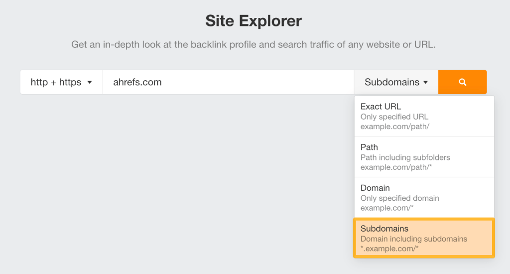 AhrefsのSite Explorerで検索モードを選択する画面
