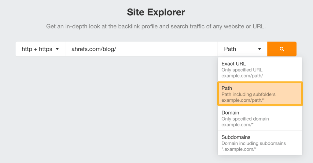 AhrefsのSite Explorerで「パス」モードを選択した画面
