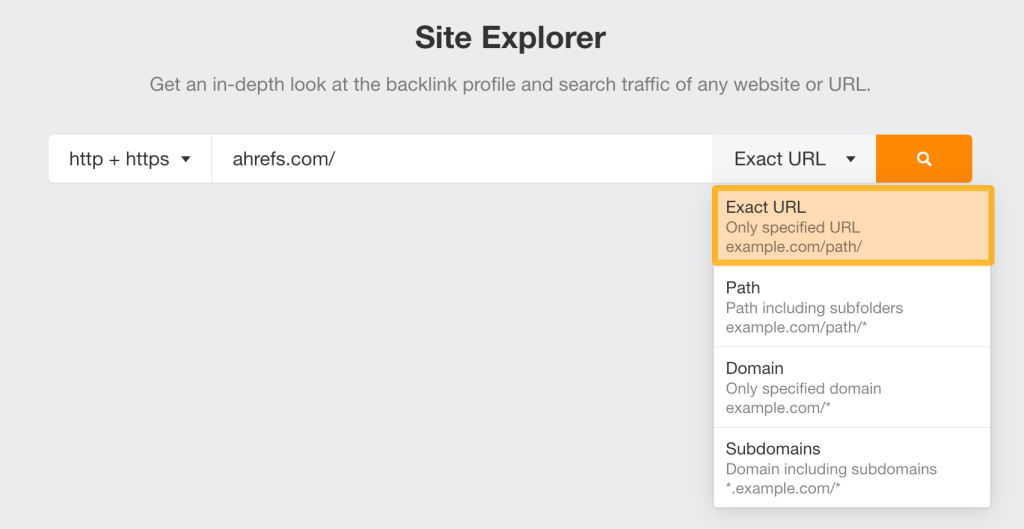 AhrefsのSite Explorerで「正確なURL」モードを選択した画面
