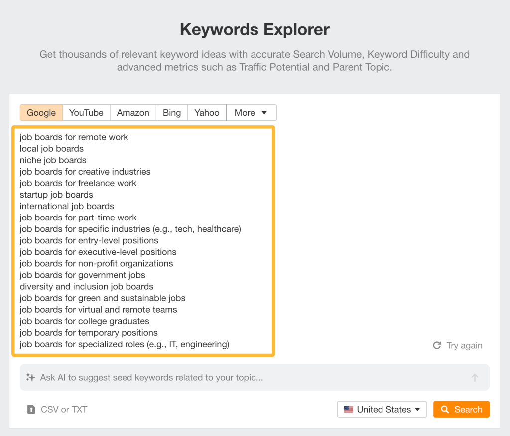 AhrefsのKeywords Explorerでキーワードを入力し、オレンジ色のボタンをクリックする画面
