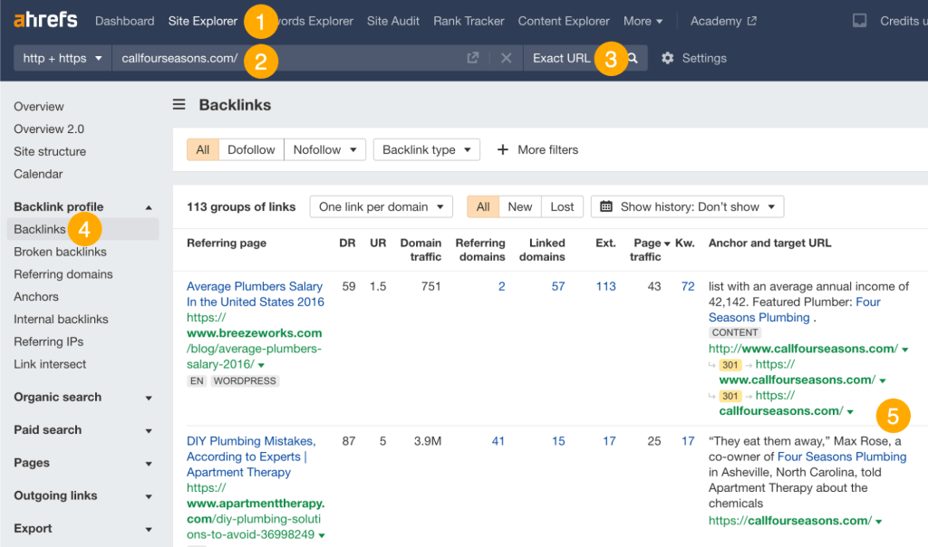 Ahrefs のサイトエクスプローラーで競合他社のホームページを「正確なURL」モードで分析し、被リンクレポートを表示している画面
