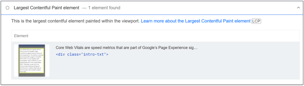 PageSpeed Insightsの診断セクションで『最大のコンテンツフル ペイント要素』をクリックし、ページ内のLCP要素を特定できることを示す画面
