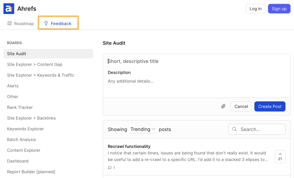 Ahrefs canny.ioボードの画面

