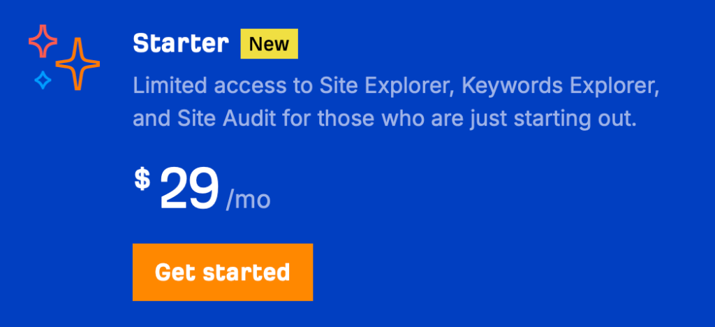 Ahrefsの月額 29 ドルの新しいスターター プラン
