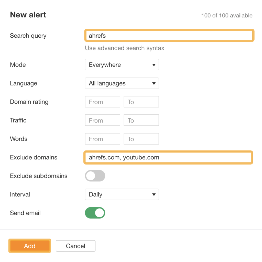 AhrefsのAlertsの除外ドメインや監視したくないサイトを設定する画面
