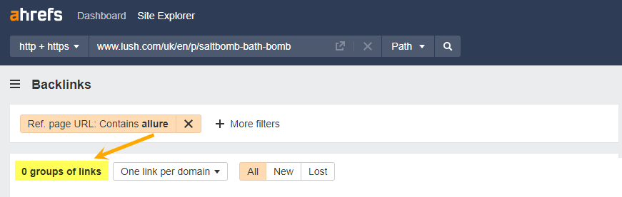 Allure から Lush へのリンクがゼロであると表示されているAhrefs のバックリンク レポート