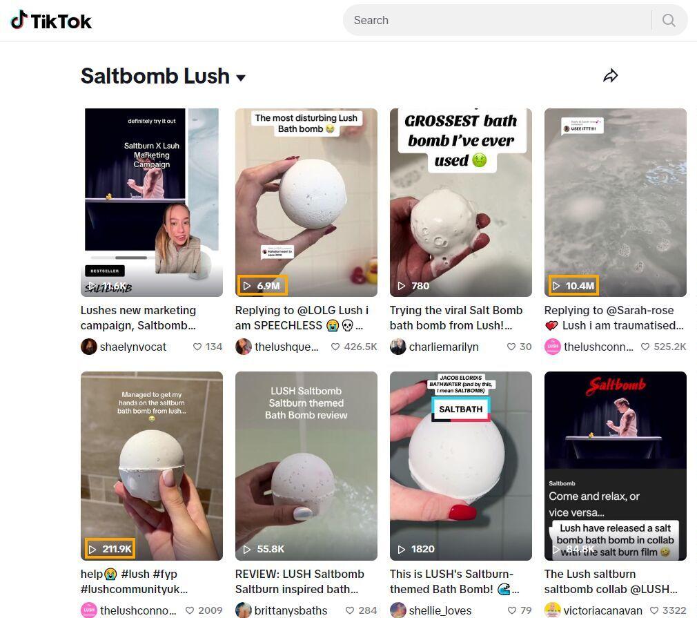 視聴回数の多い動画がハイライトされた「ソルトボム Lush」の TikTok ランディングページ