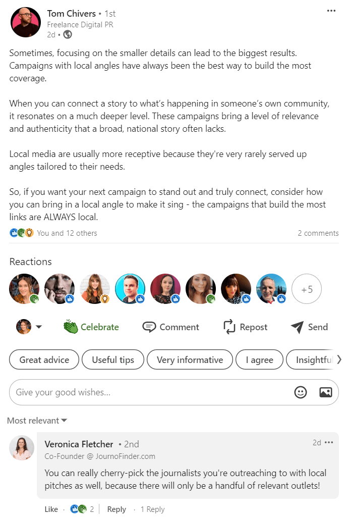 ローカライズされた PR キャンペーンの力に関するトム・チヴァースの LinkedIn 投稿