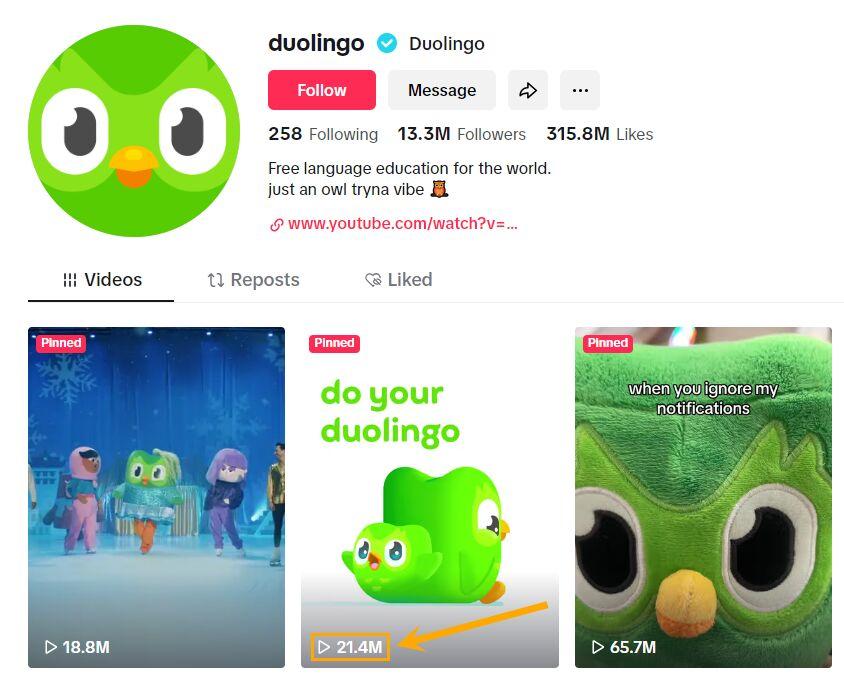 TikTok での Duolingo の No Buts PR キャンペーンの視聴回数のスクリーンショット