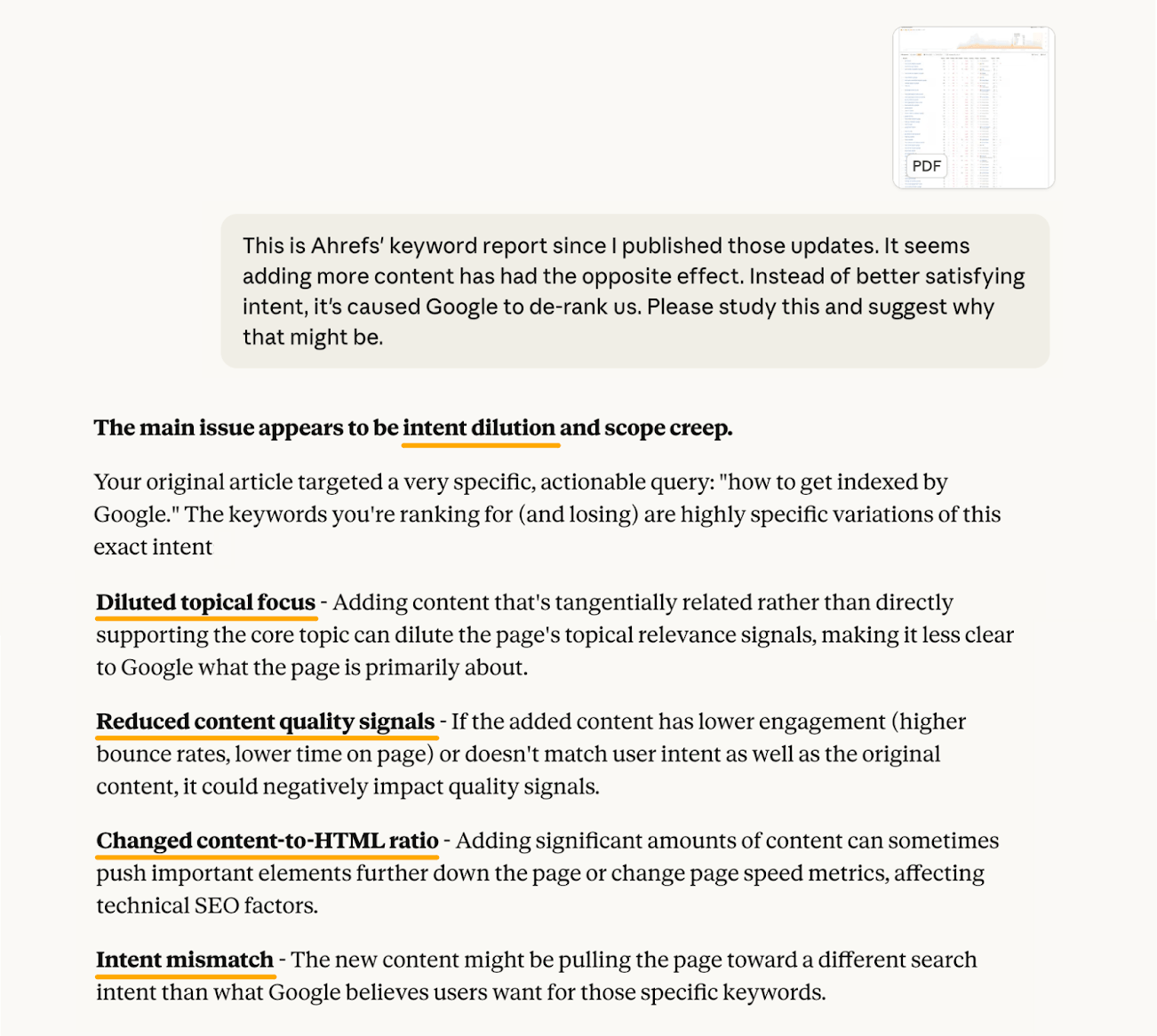 Claude による SEO 分析画面。コンテンツの追加によって検索順位が下落した理由が説明されている