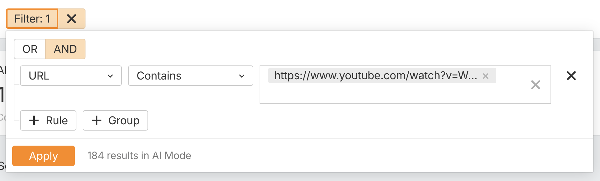 特定の YouTube URL を対象に検索した Ahrefs ブランドレーダーの結果画面