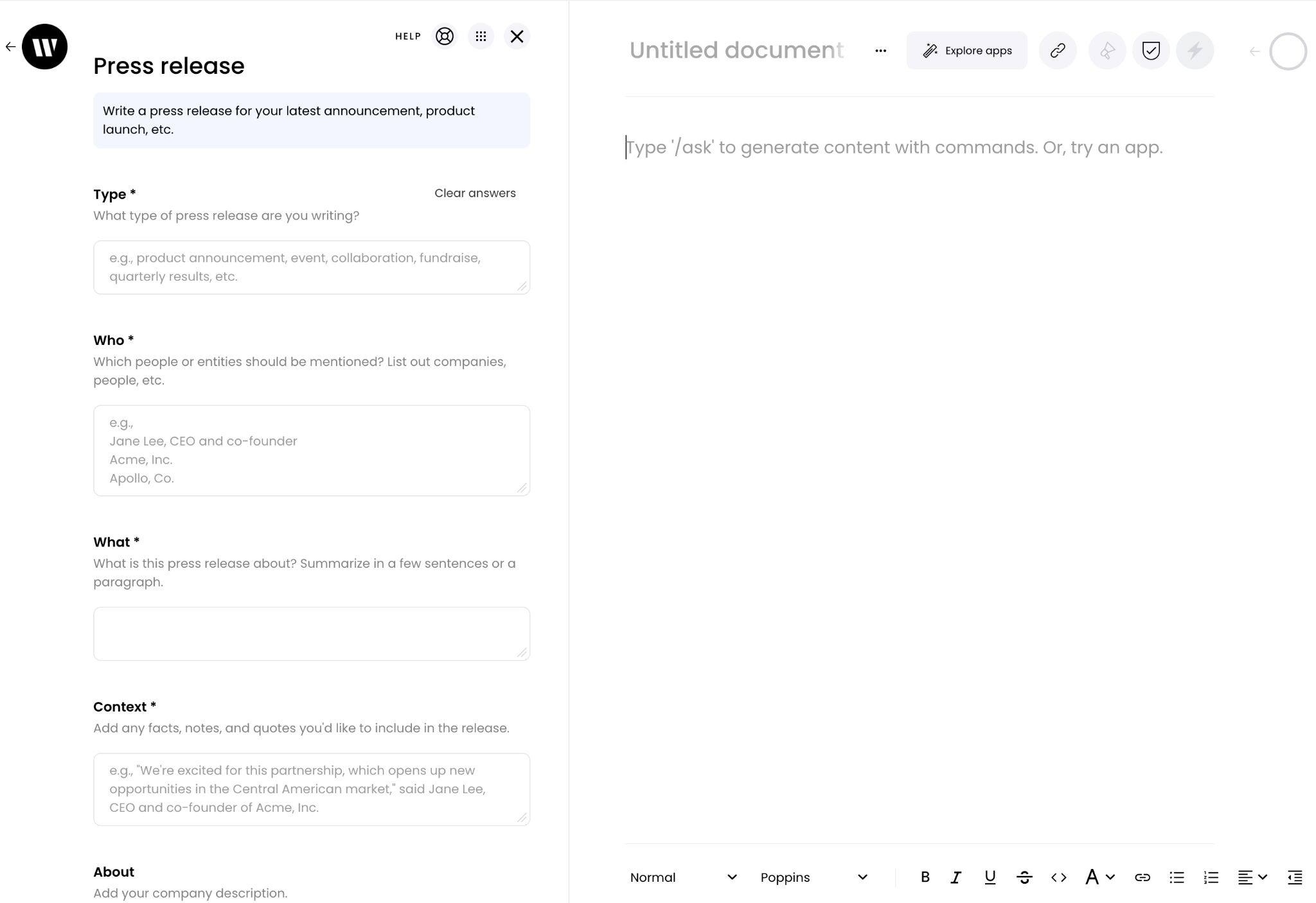 AI コンテンツ作成ツール Writer とその「プレスリリース」アプリのスクリーンショット。