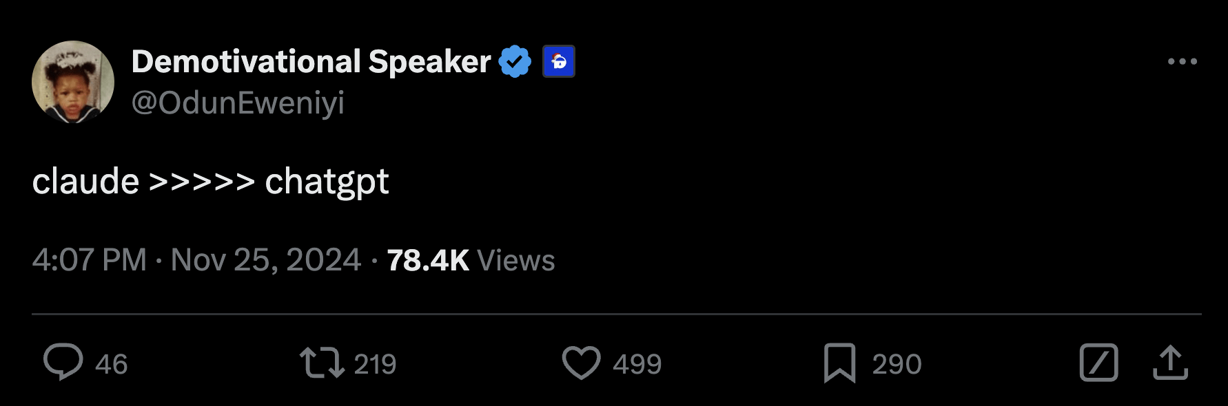 Demotivational Speaker の X 投稿例「ChatGPT よりも Claude」