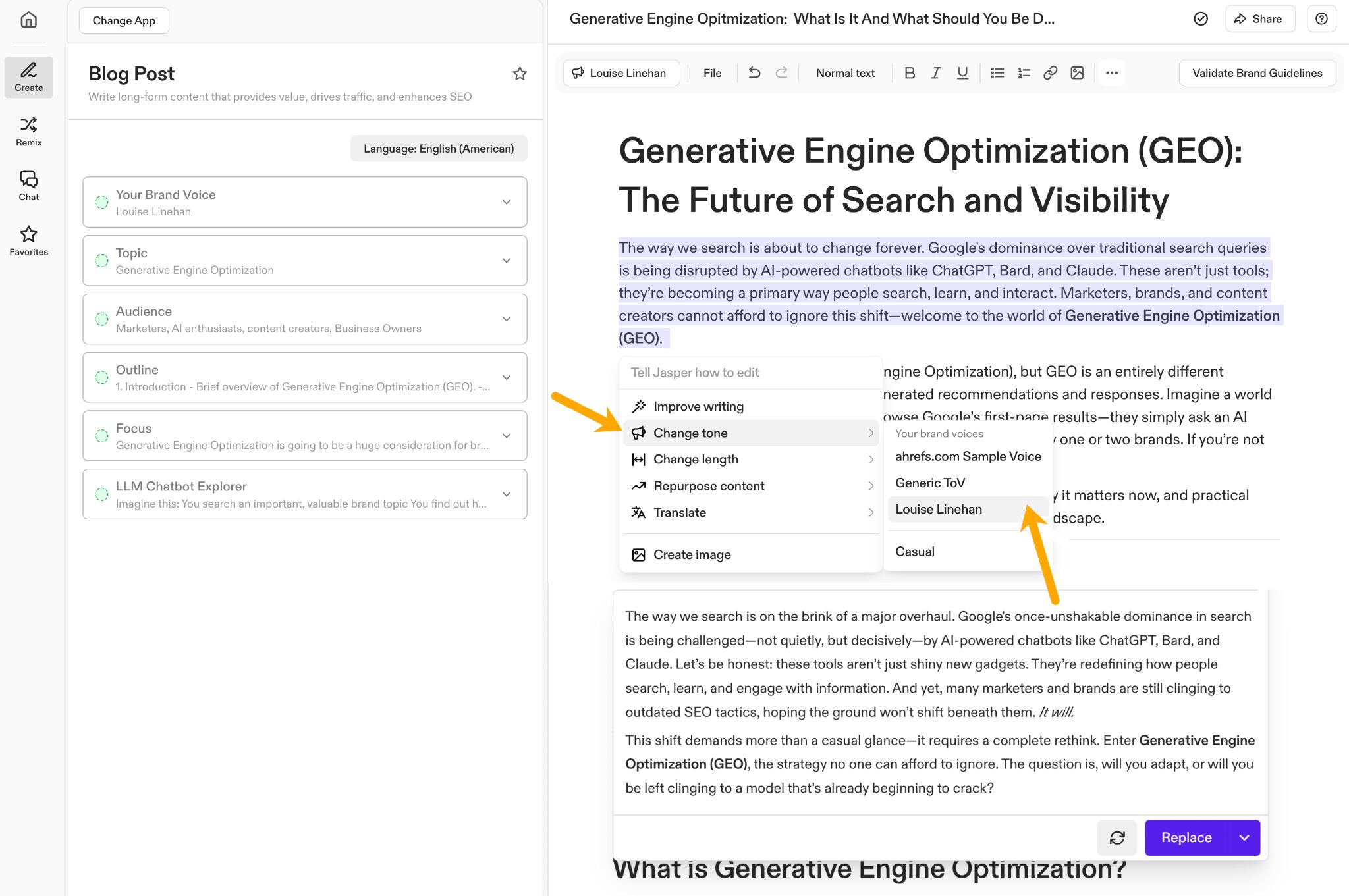 ある文がハイライトされ、ドロップダウンで「口調変更」オプションが選択され、次にネストされたドロップダウンで「ルイーズ・リネハン」の口調が選択されている Jasper.ai のスクリーンショット。