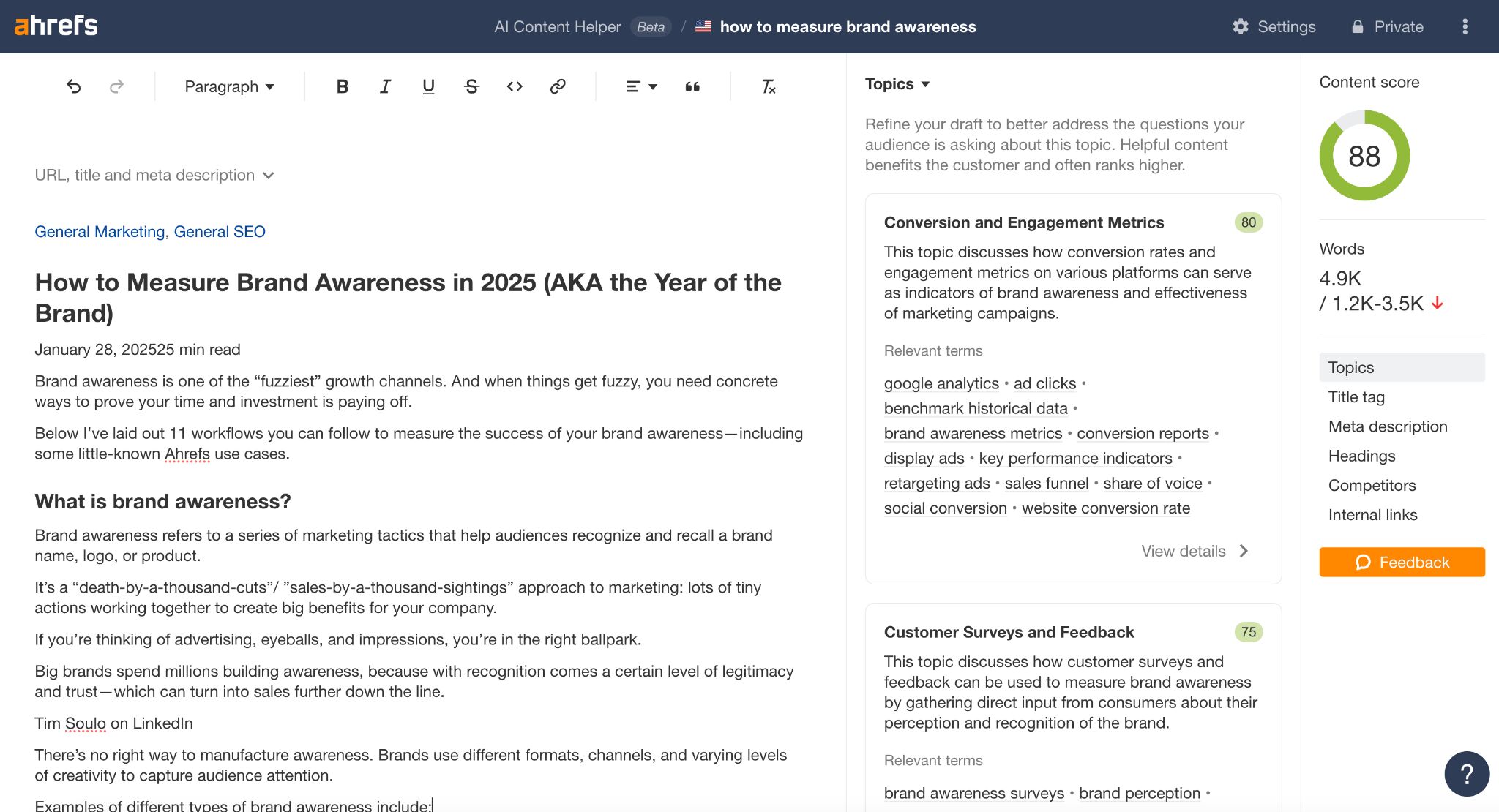 ブランド認知度の測定方法に関する記事のスコア 88 を表示する Ahrefs AI コンテンツヘルパー