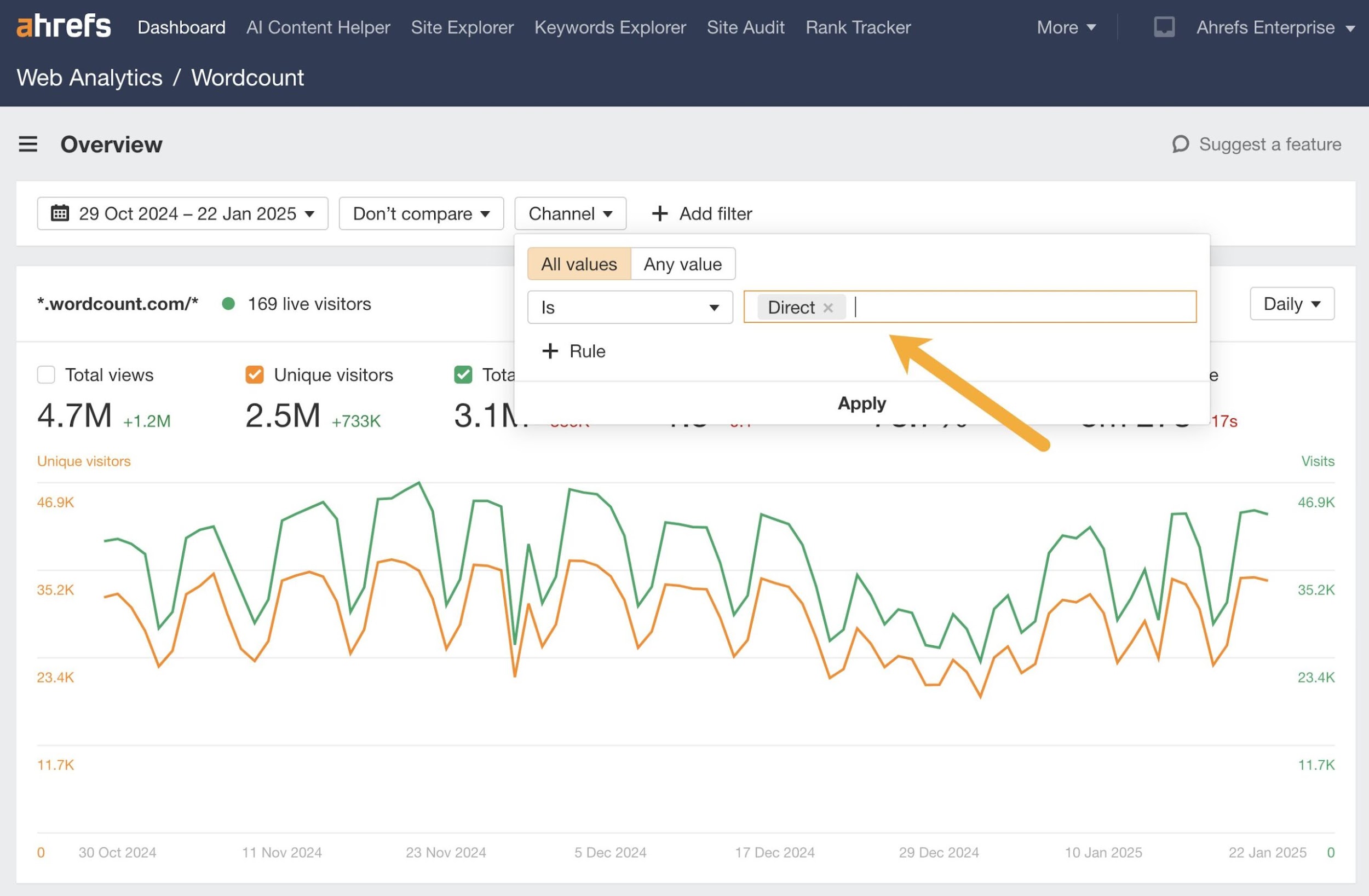ダイレクトトラフィックのチャネルフィルターを追加する方法を示す Ahref Web 分析ツールのスクリーンショット
