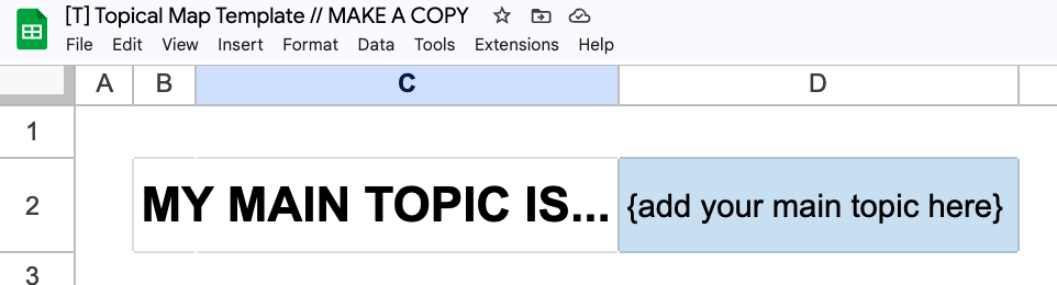 Ahrefs の SEO トピックマップテンプレートのメイントピックセルのスクリーンショット。