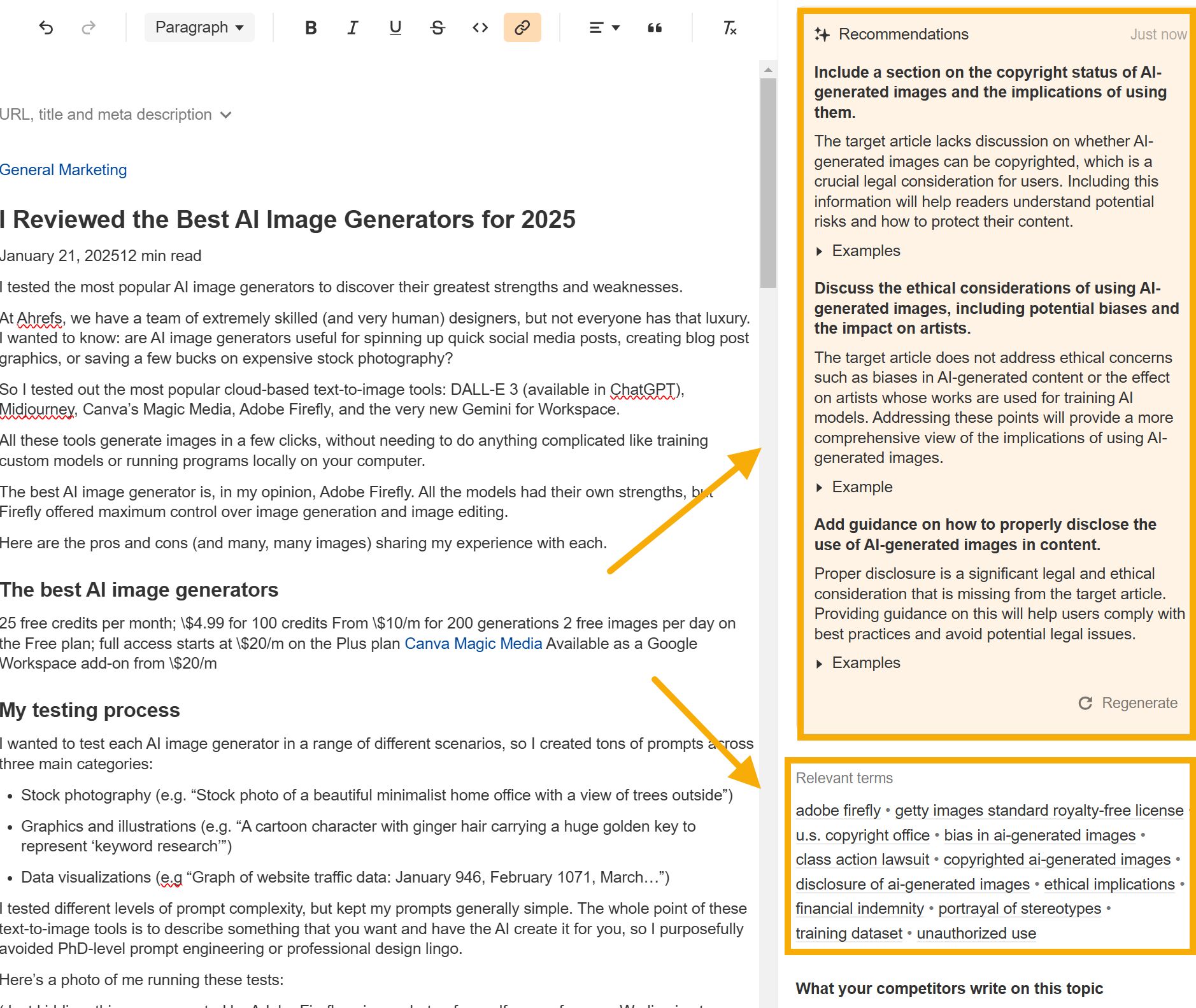 AI コンテンツヘルパーの編集画面でコンテンツを編集すると、リアルタイムでトピックスコアが上昇し、文章表現に対する詳細なアドバイスが受けられる