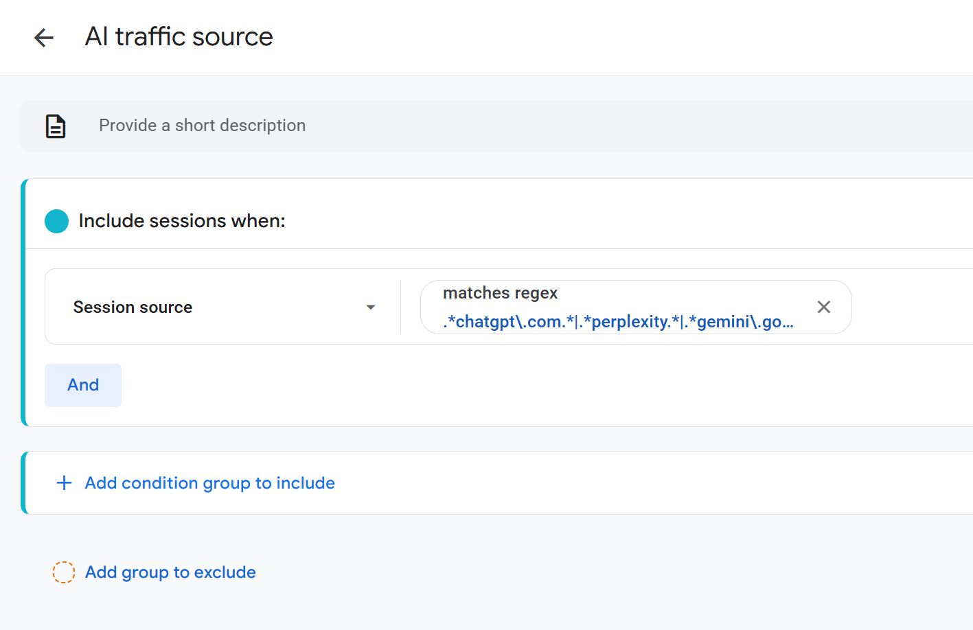 Google アナリティクスの AI トラフィックソースセグメントの設定。セグメントには、chatgpt.com、perplexity、gemini.google.com などのドメインの正規表現に一致するセッションが含まれています。