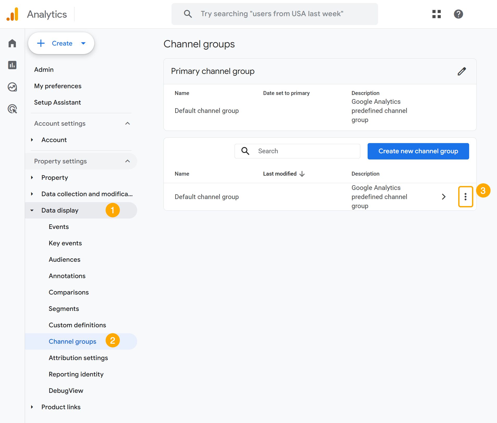 Google アナリティクスでチャネルグループを作成または管理する方法を示すアナリティクスインターフェース。左側のメニューでは、プロパティ設定の「データの表示」と「チャネルグループ」がハイライト表示されています。青いボタンをクリックすると、新しいチャネルグループを作成できます。