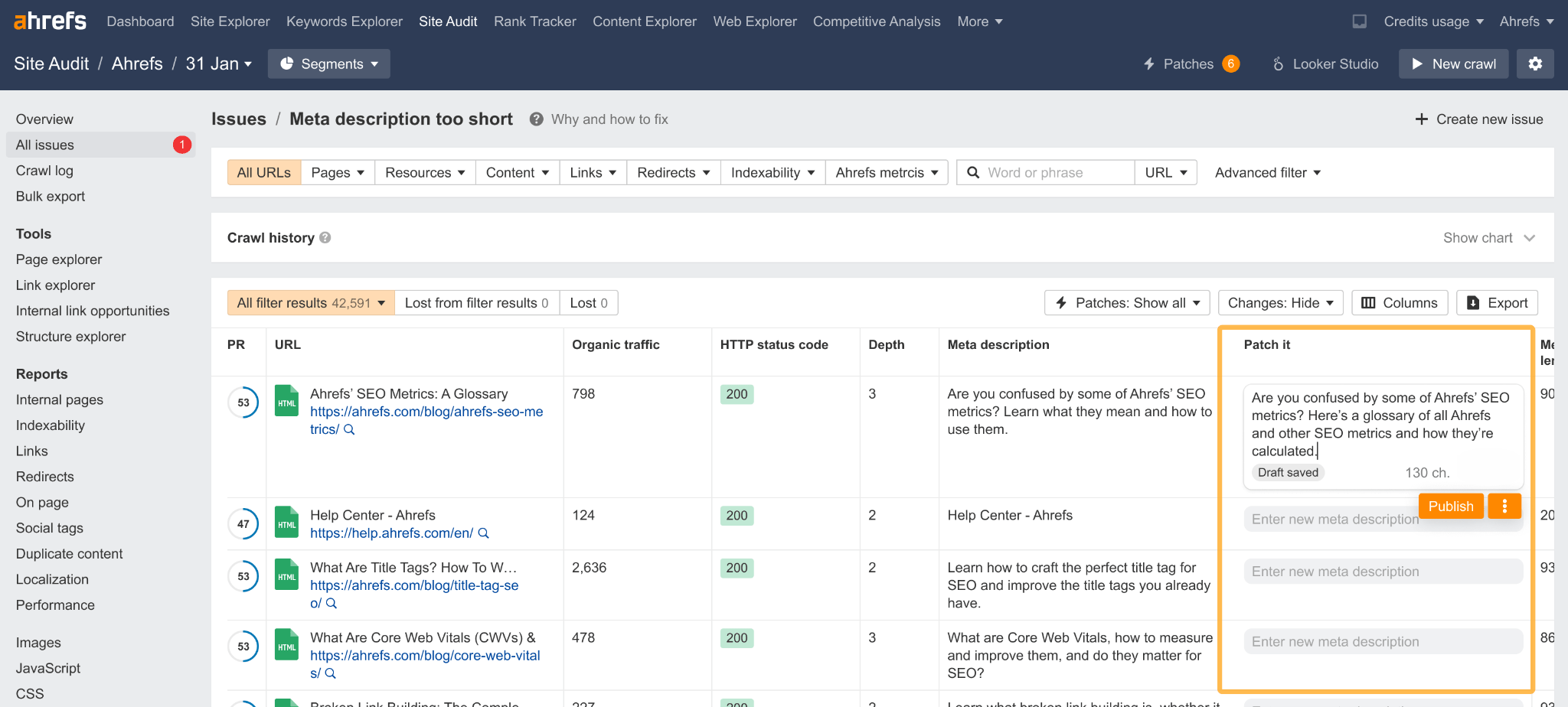 Ahrefs サイト監査内にまもなくリリースされるパッチ機能