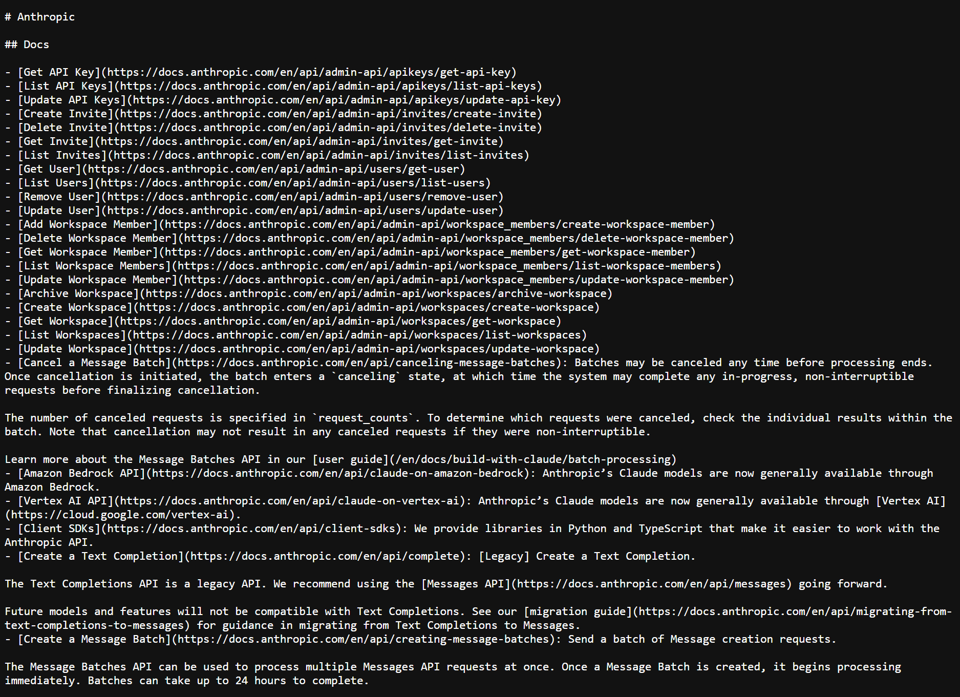 Anthropic 社が作成した llms.txt ファイルのスクリーンショット