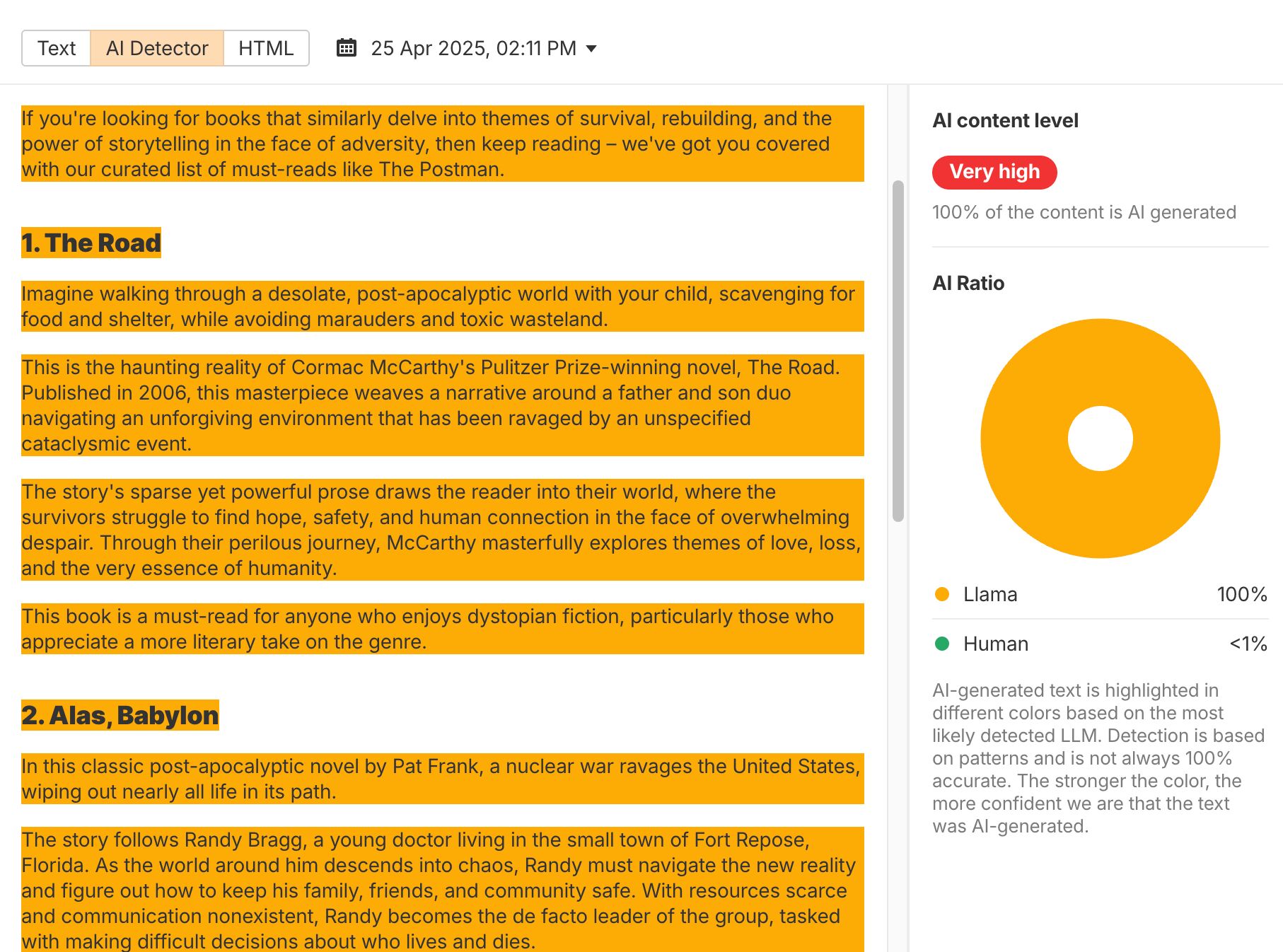 Ahrefs の AI 検出ツールが、ある記事が Meta 社開発の大規模言語モデル（LLM）の Llama を使って書かれたことを正しく認識している例