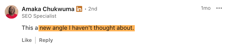 Amaka Chukwuma 氏による、「LLM's Don't Reward Originality, They Flatten It」という記事について、考えもしなかった新しい視点だったと述べている LinkedIn のコメント。
