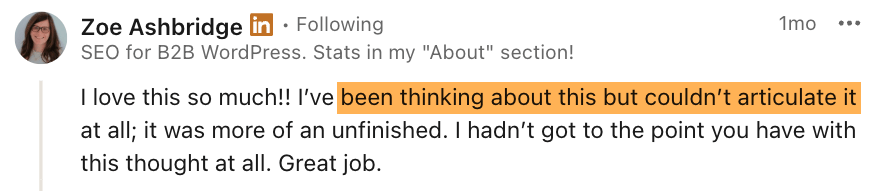 ゾーイ・アッシュブリッジ氏による、「LLM's Don't Reward Originality, They Flatten It」という記事について、彼女はこのトピックについて考えてきたが、うまく表現できなかったと述べている LinkedIn のコメント。