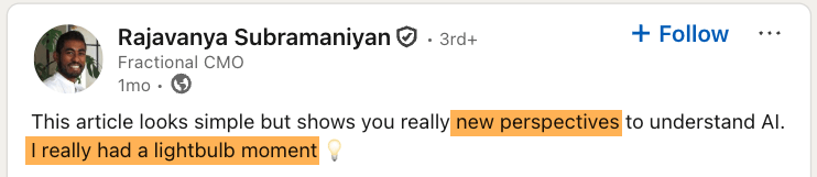 Rajavanya Subramaniyan 氏による、「LLM's Don't Reward Originality, They Flatten It」という記事について、新たな視点からひらめきを得たと述べている LinkedIn のコメント。