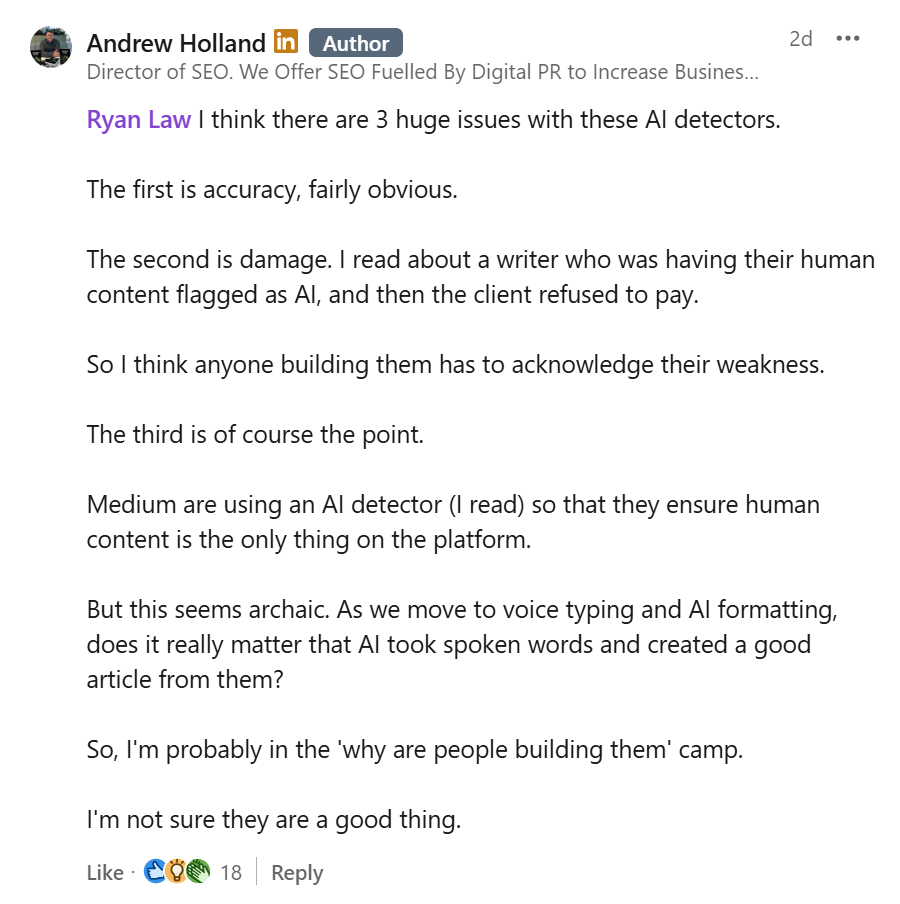 SEO 専門家のアンドリュー・ホランドが AI 検出ツールの問題点について懸念を述べている投稿。