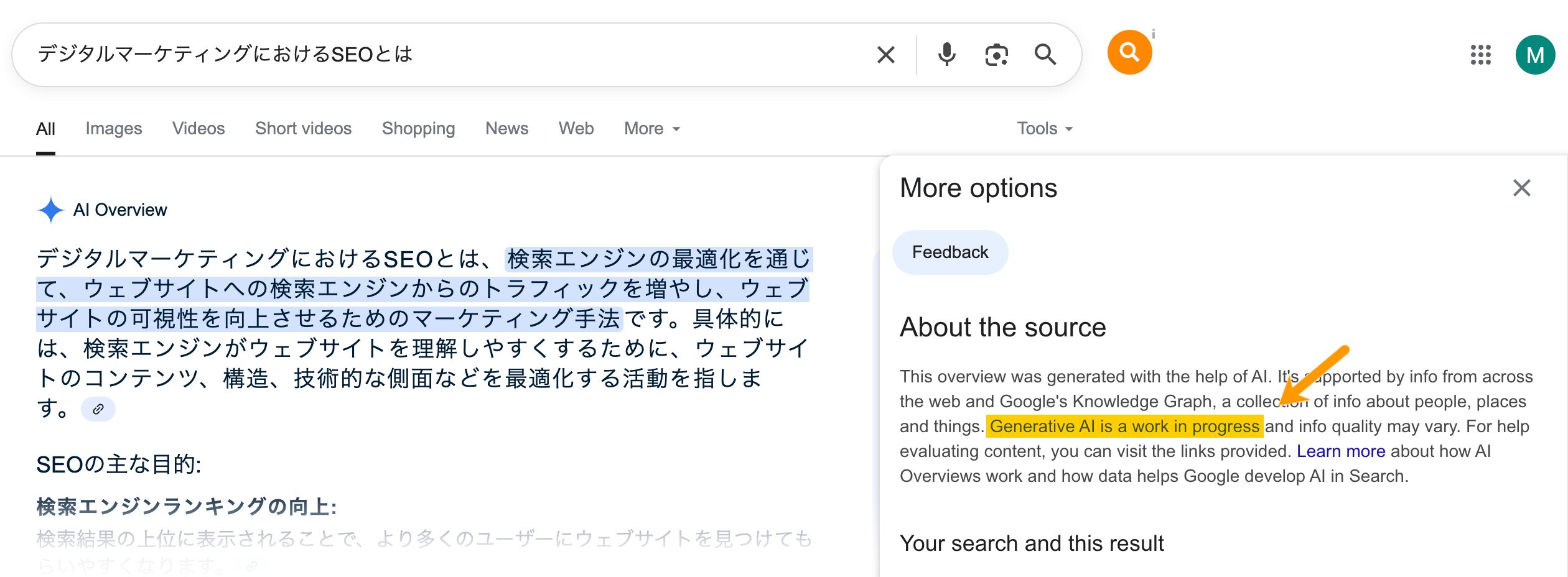 AI Overviews の情報源に関する情報が表示された Google 検索結果のスクリーンショット。矢印は「Generative AI は現在開発途中」というハイライトされたテキストを指している。