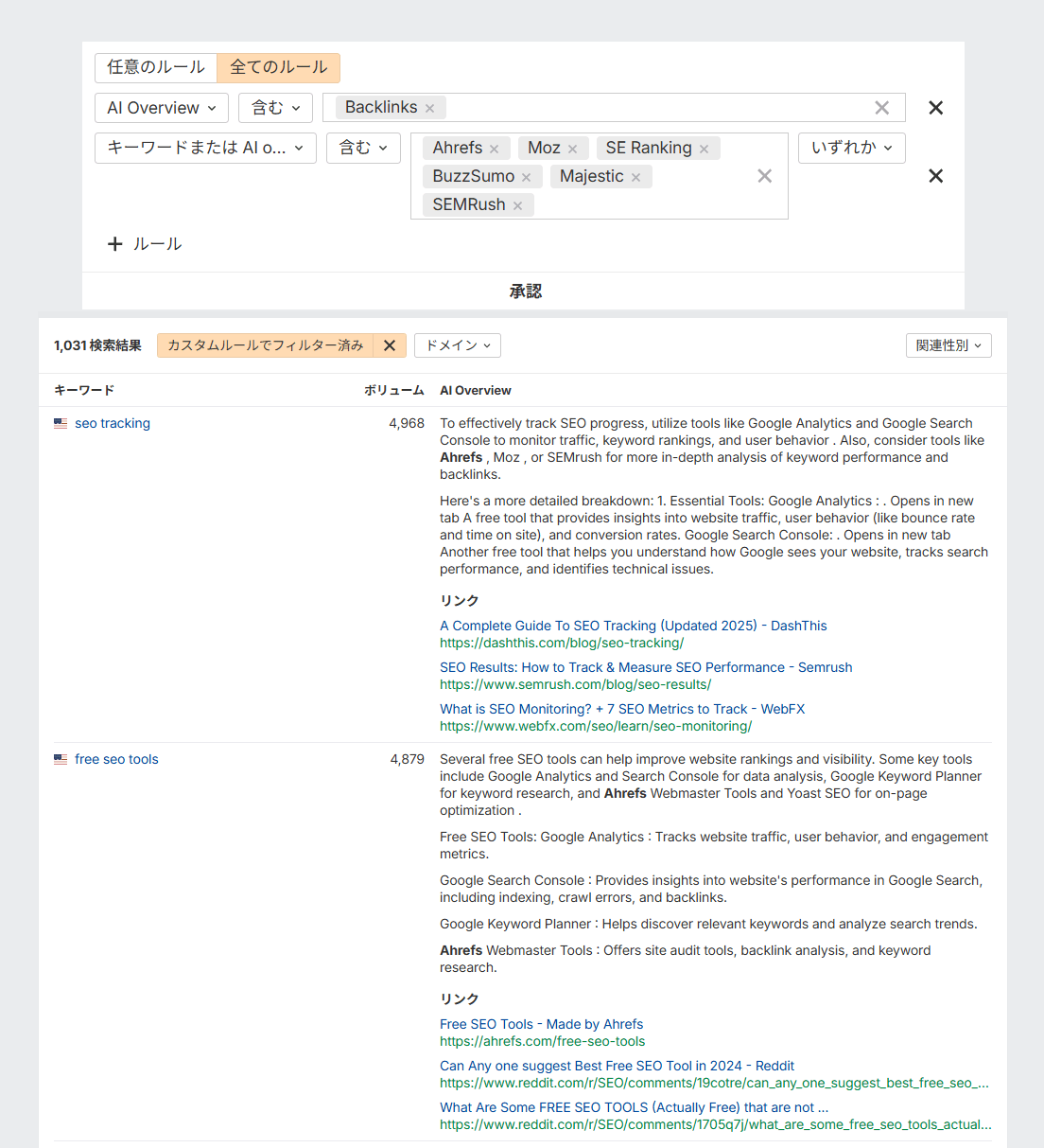 Ahrefs ブランドレーダーによる、Ahrefs・Moz・SEMRush などの AI Overviews 言及比較画面