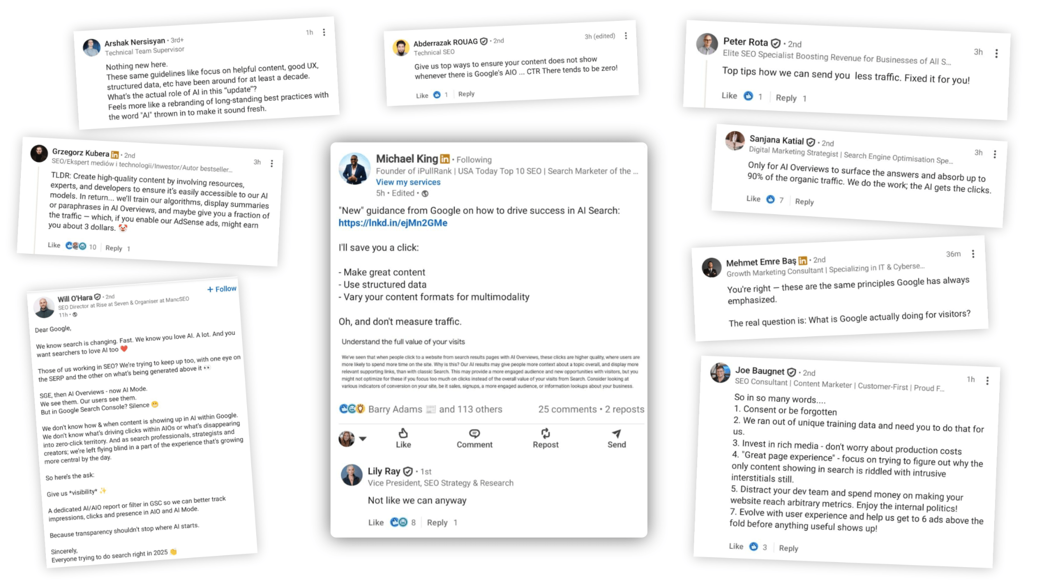 AI と SEO に関する LinkedIn 投稿のまとめ。複数の SEO プロが議論