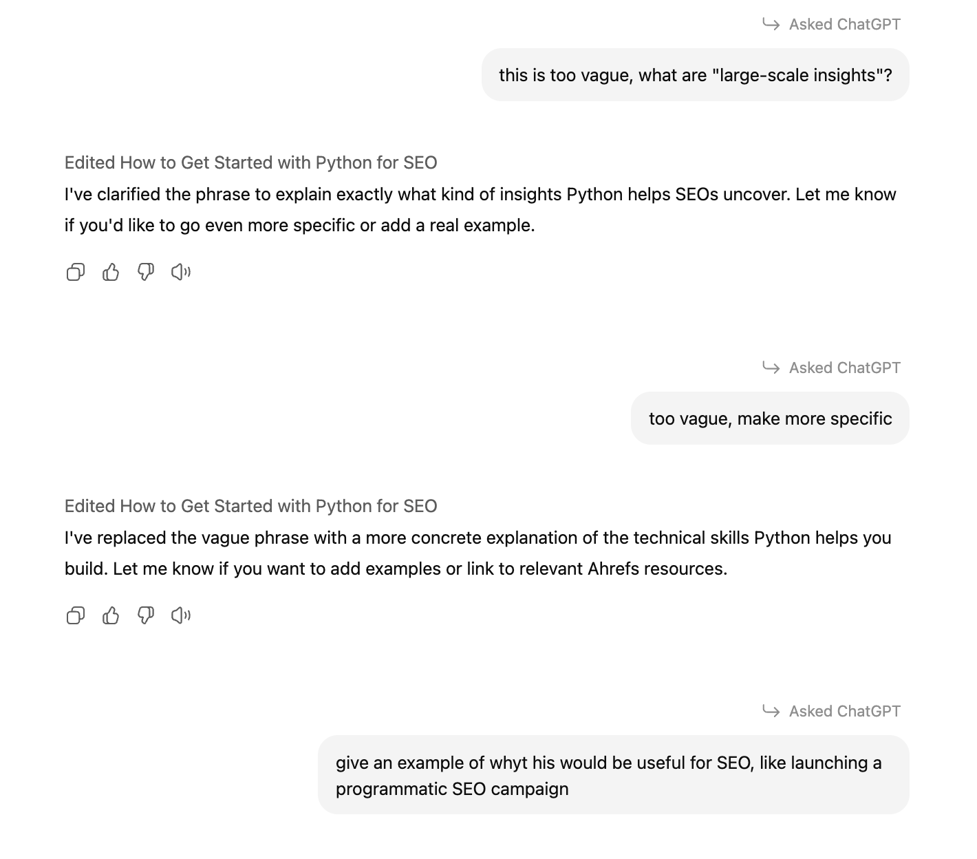 ChatGPT Canvas 上で記事のドラフトにコメントを付けながら編集しているスクリーンショット