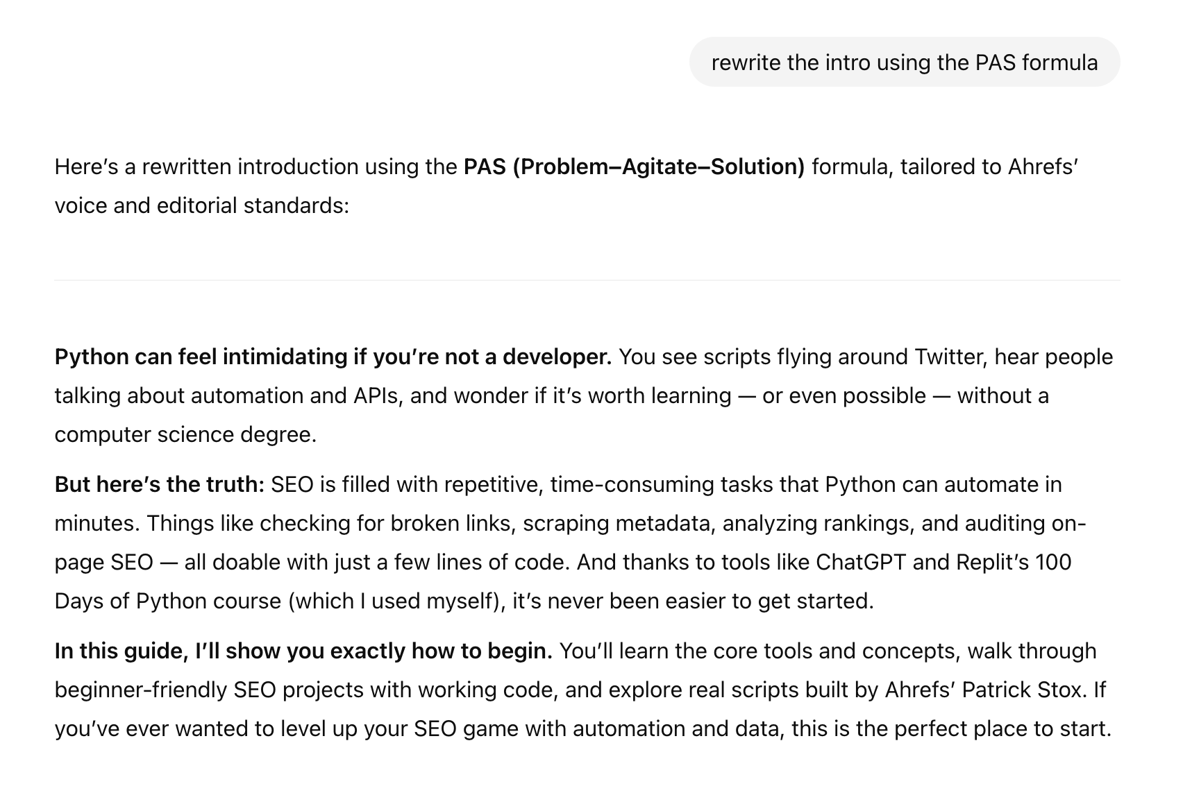 ChatGPT によって PAS フレームワーク（Problem–Agitate–Solution）を用いて書き直された記事導入文の例