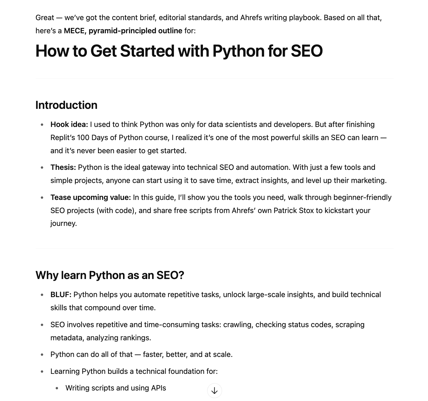 「How to Get Started with Python for SEO」のアウトライン。