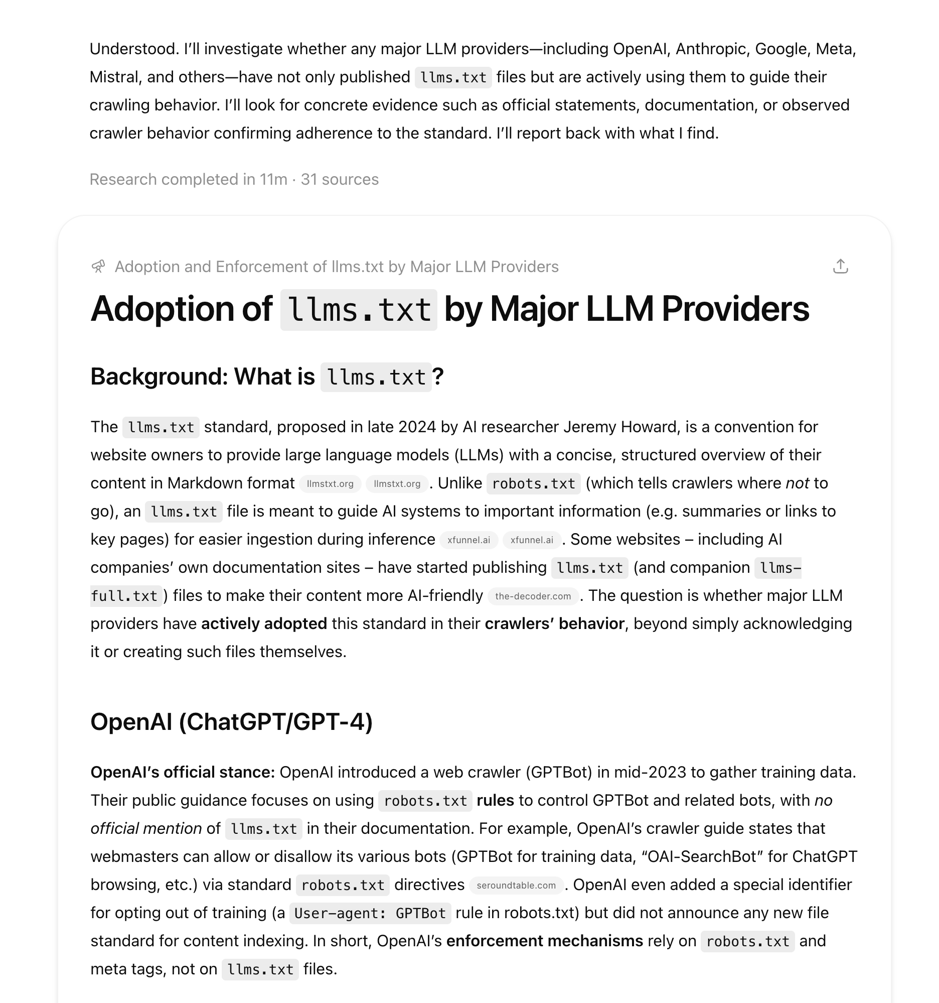 LLMs.txt に関するリサーチ結果を示した ChatGPT の画面。