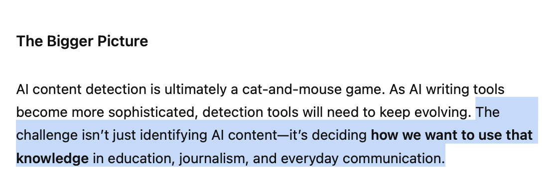The Bigger Picture と題された引用で、AI コンテンツ検出よりも活用方法の決定が重要と強調している